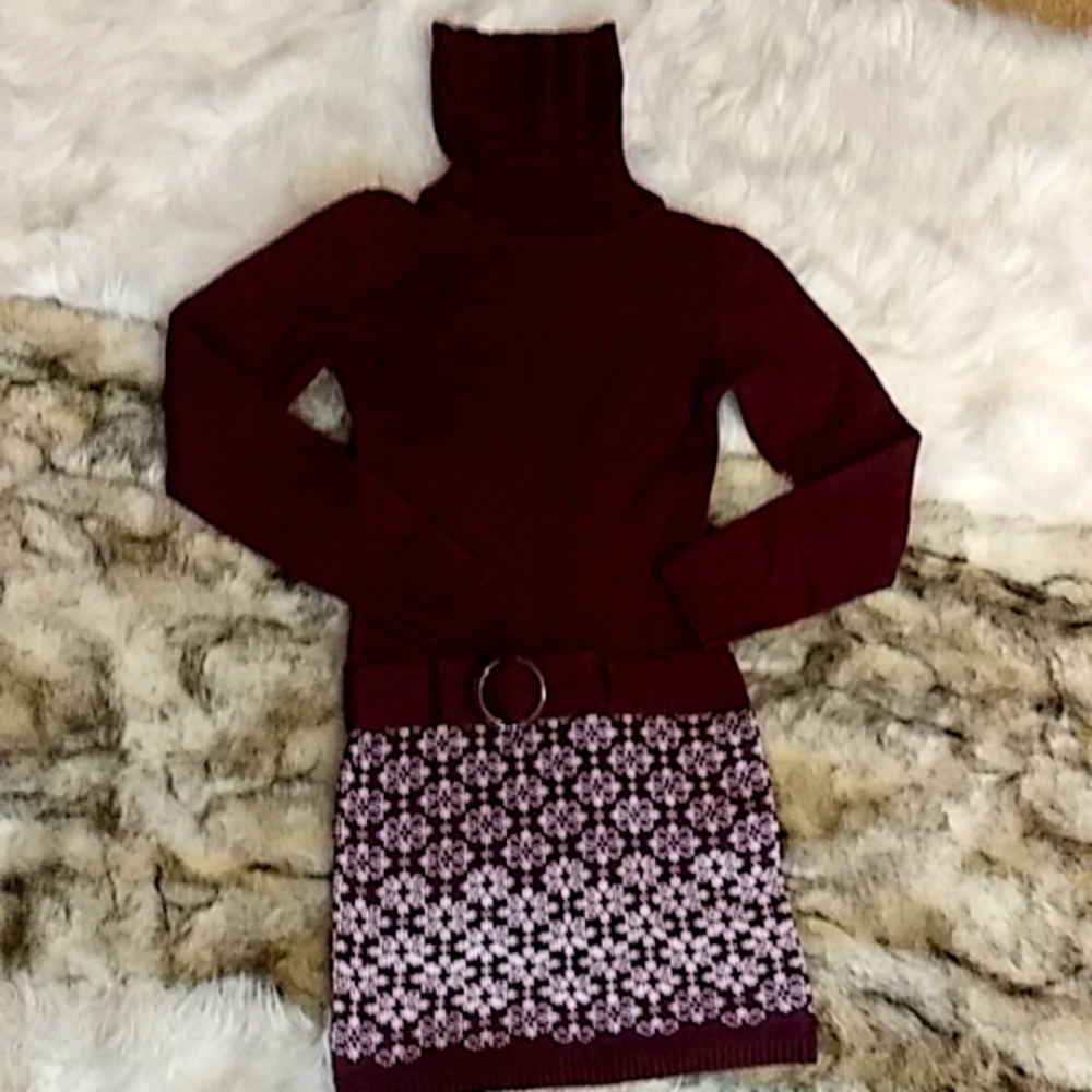 Venus Sweater Turtle Neck Mini Dress. Size XS. Women's. Color Burgundy/White.